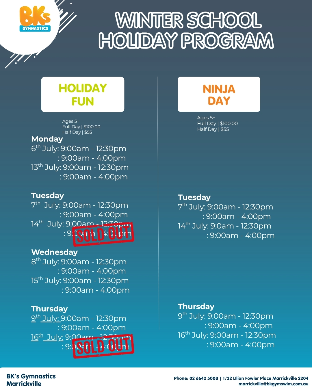 Some of our Holiday Sessions have booked out!! Last spaces...